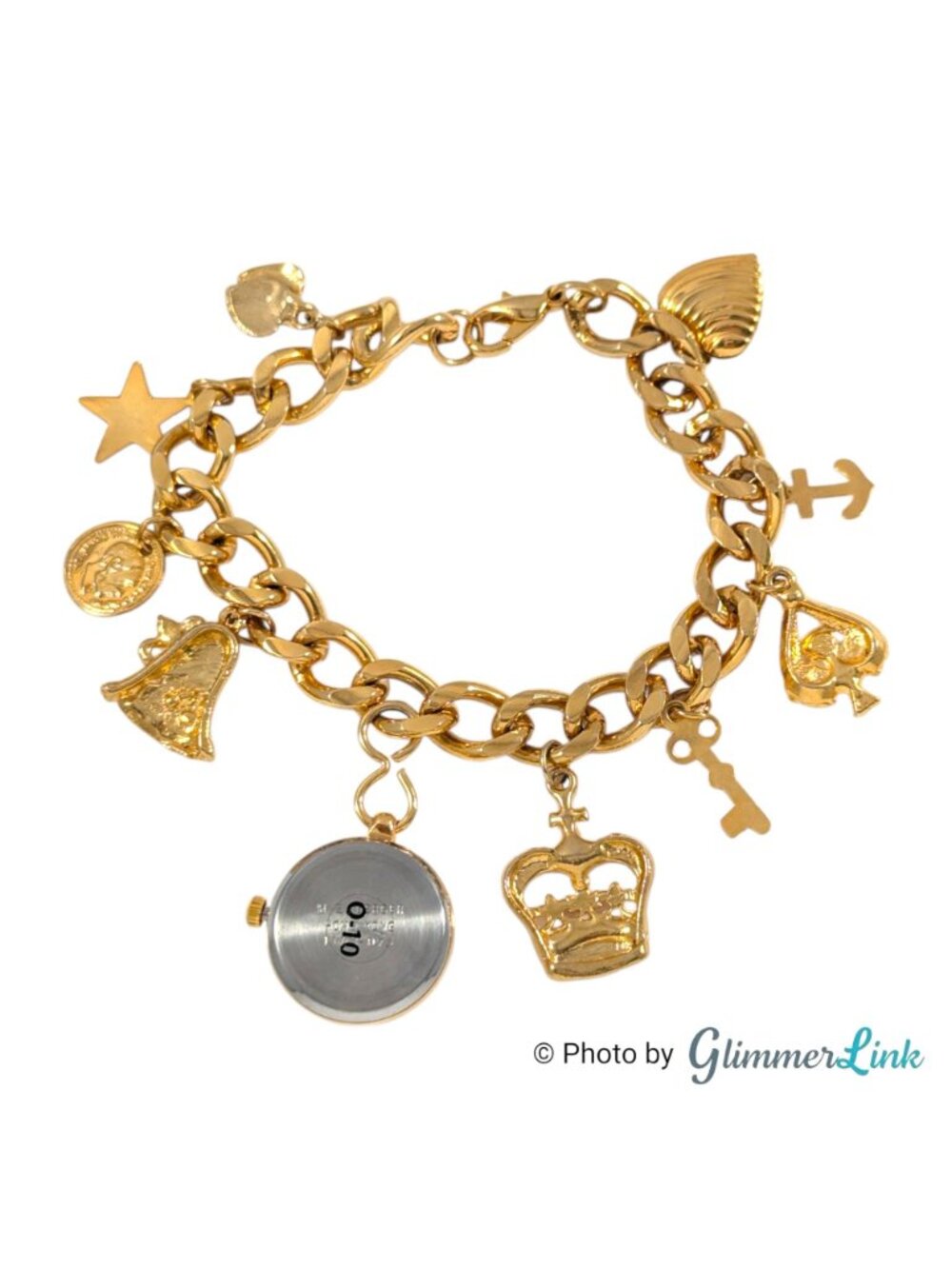 Vintage Watch-It Gold Tone Charm Bracelet Watch Rhinestone Crown Heart 7 1/2" - Picture 7 of 11